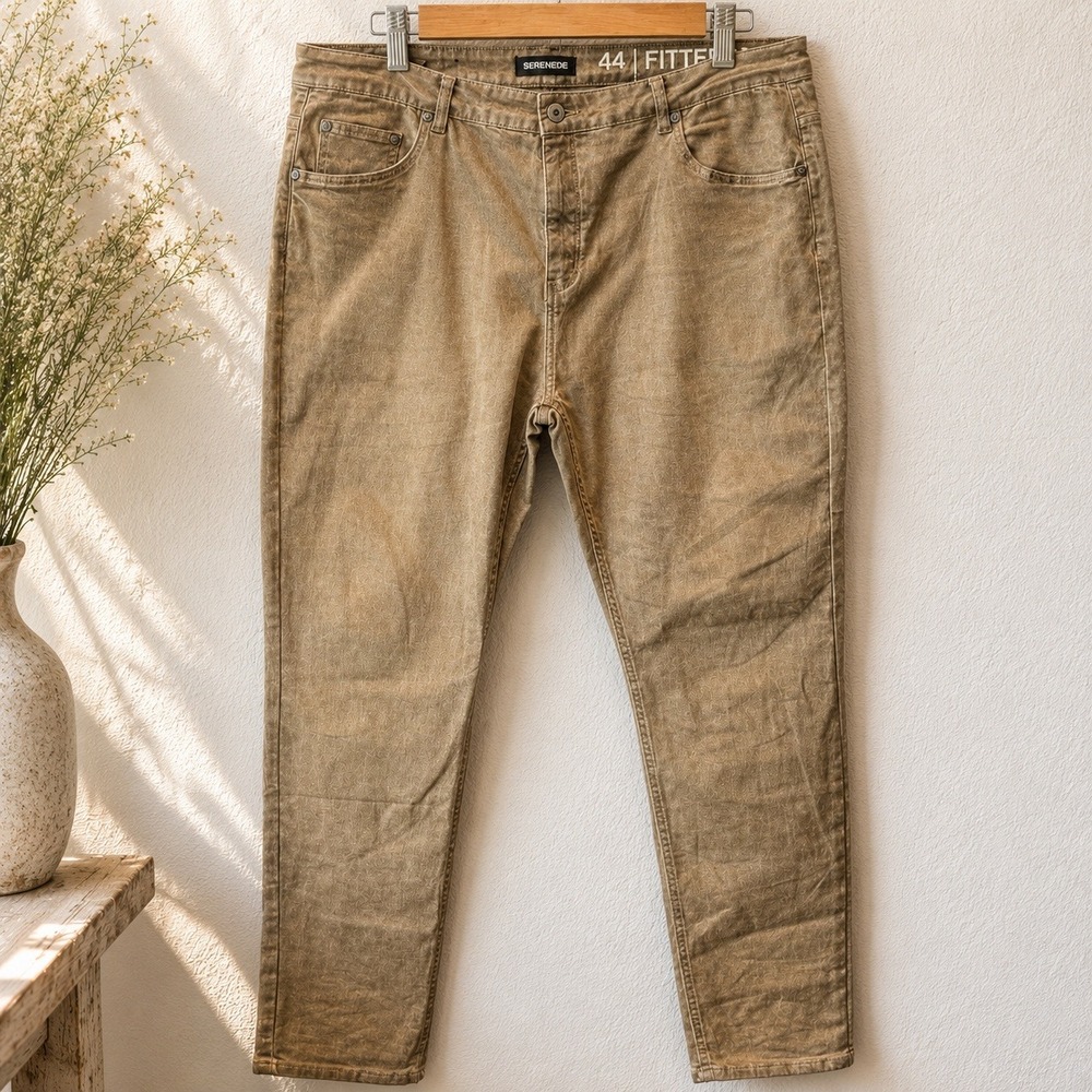 SERENEDE Men's Fitted Denim Jeans Size 44 Khaki Brown Distressed Skinny Stretch